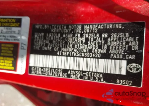 2012 Toyota Camry Se from USA, damaged, VIN 4T1BF1FK5CU593420